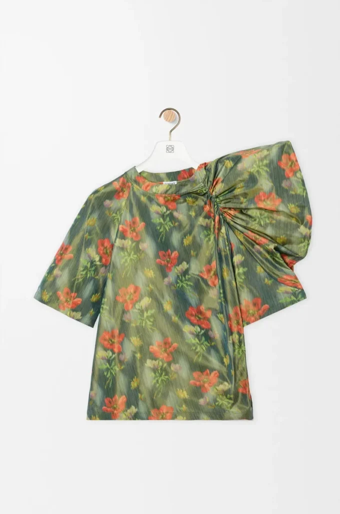 Top drapé en taffetas de soie mélangée vert foncé/rouge