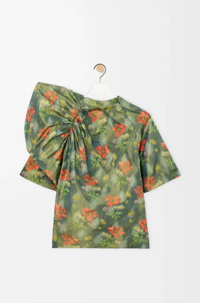 Top drapé en taffetas de soie mélangée vert foncé/rouge