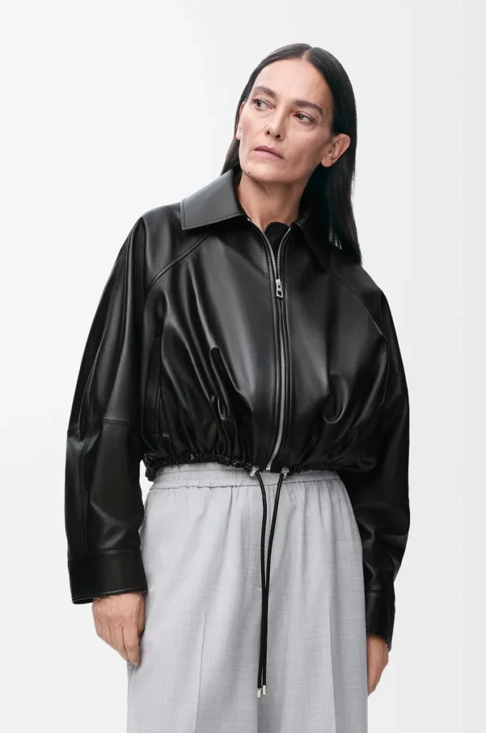 Veste bouffante en cuir d&rsquo;agneau nappa Noir