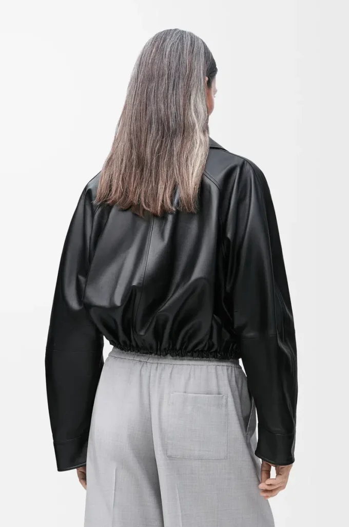 Veste bouffante en cuir d&rsquo;agneau nappa Noir