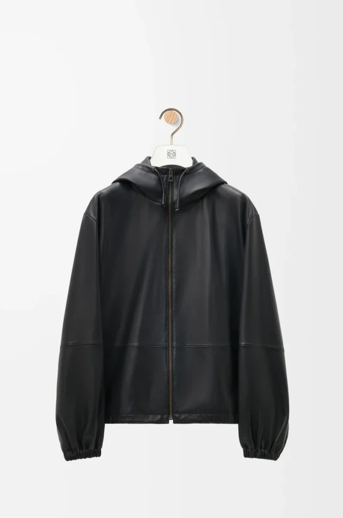 Veste à capuche en cuir d’agneau nappa Noir Veste à capuche en cuir d’agneau nappa Noir