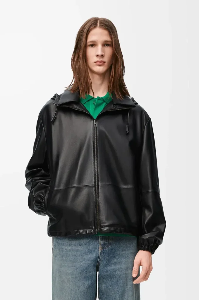 Veste à capuche en cuir d’agneau nappa Noir Veste à capuche en cuir d’agneau nappa Noir