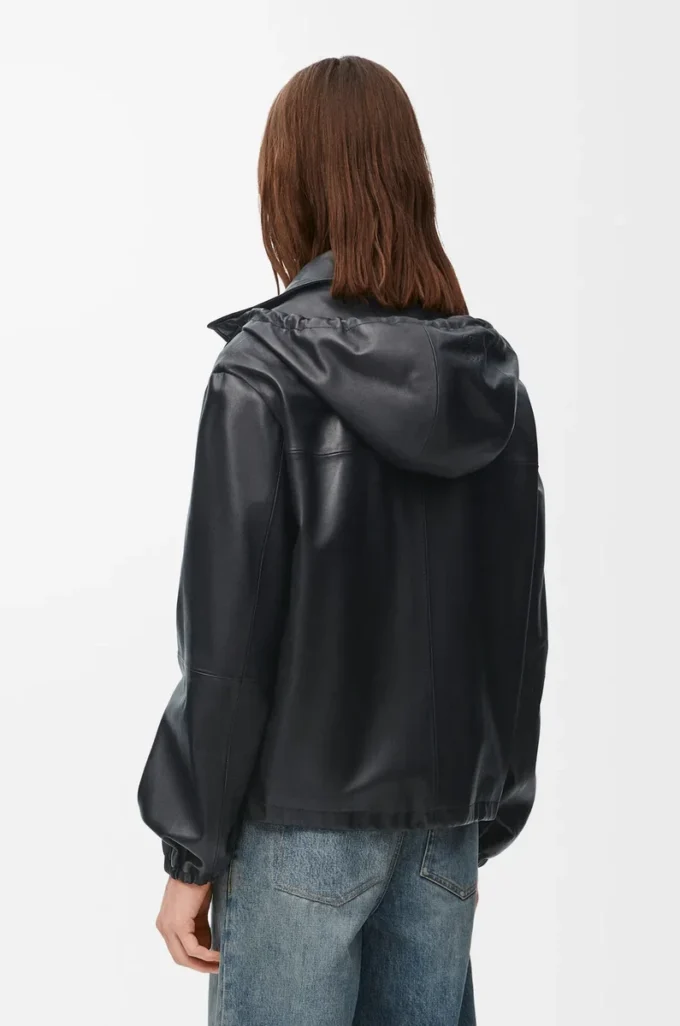 Veste à capuche en cuir d’agneau nappa Noir Veste à capuche en cuir d’agneau nappa Noir