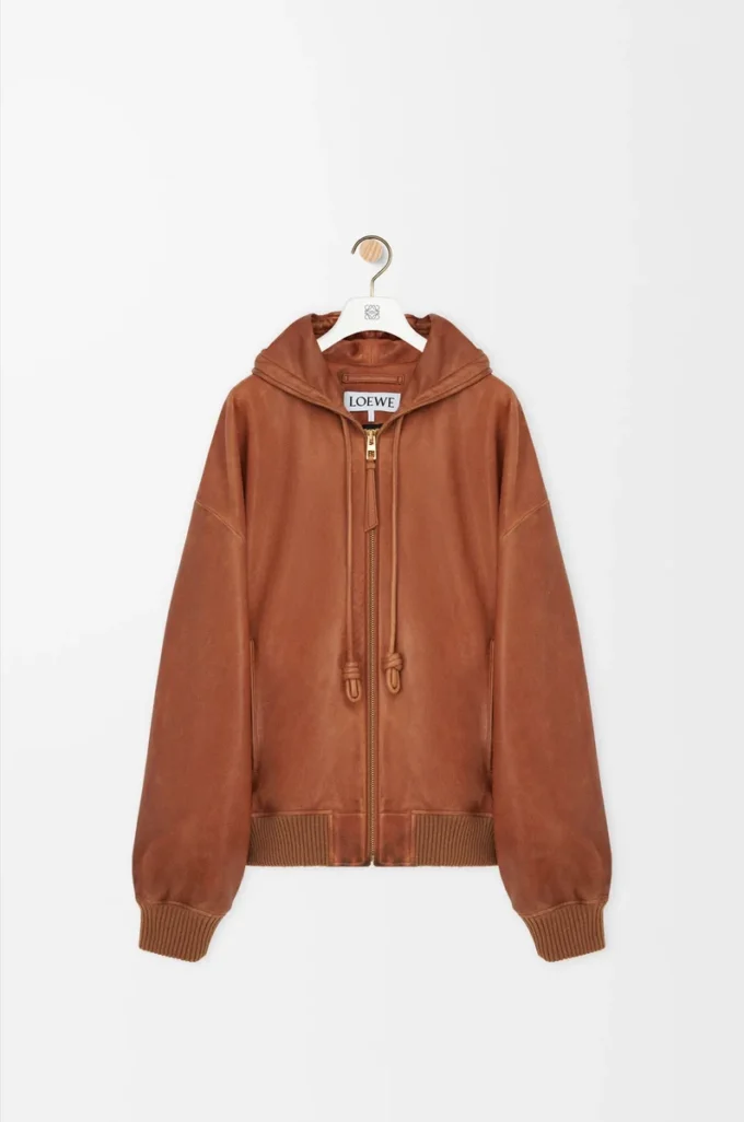 Veste à capuche en cuir d’agneau nappa Tan Veste à capuche en cuir d’agneau nappa Tan