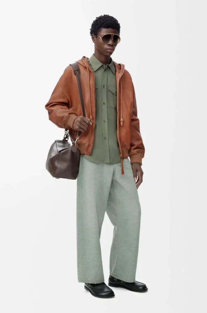 Veste à capuche en cuir d’agneau nappa Tan Veste à capuche en cuir d’agneau nappa Tan