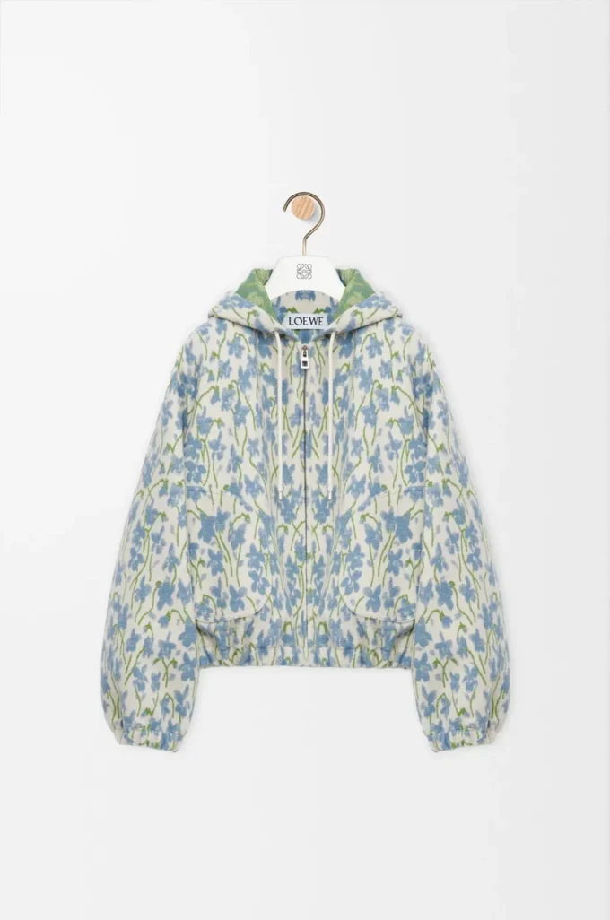 Veste à capuche en laine et coton blanc/bleu