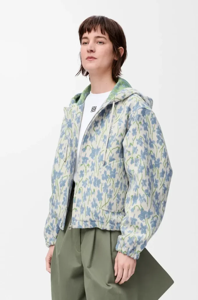 Veste à capuche en laine et coton blanc/bleu