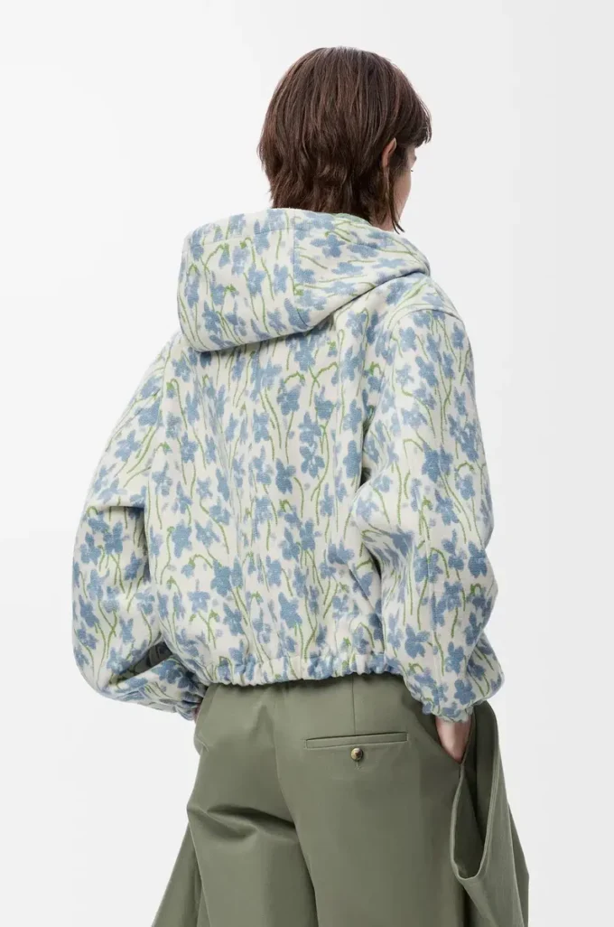 Veste à capuche en laine et coton blanc/bleu