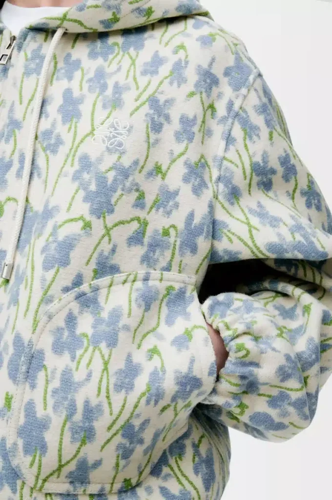 Veste à capuche en laine et coton blanc/bleu