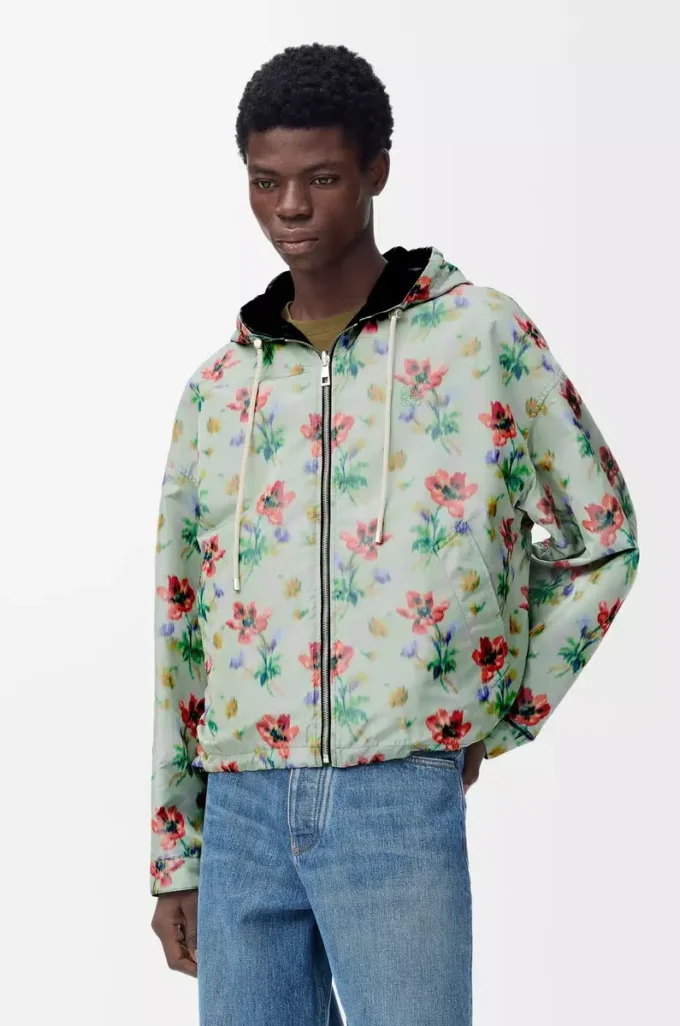 Veste à capuche en polyester et soie Vert/Rouge