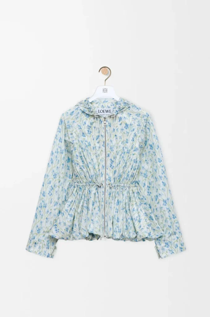 Veste à capuche en taffetas de soie mélangée Blanc/Bleu