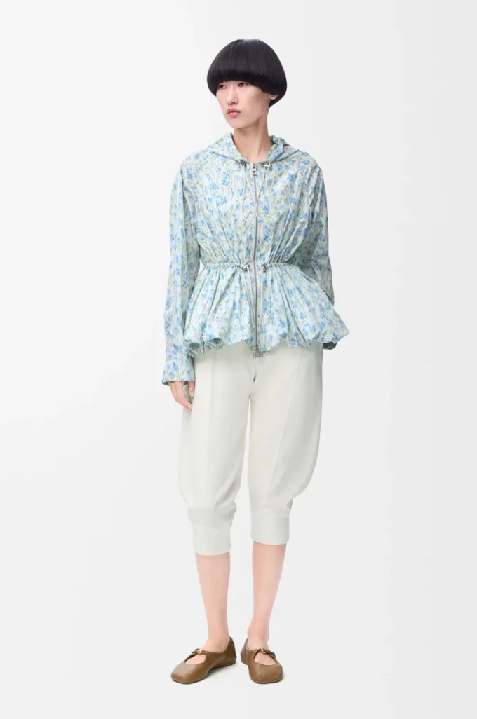 Veste à capuche en taffetas de soie mélangée Blanc/Bleu