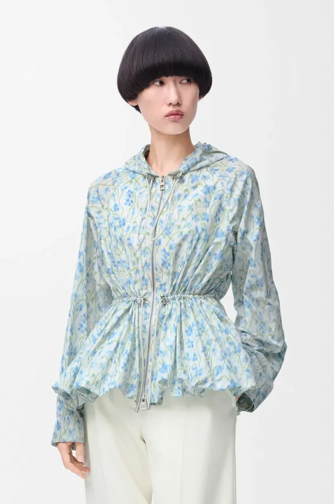 Veste à capuche en taffetas de soie mélangée Blanc/Bleu