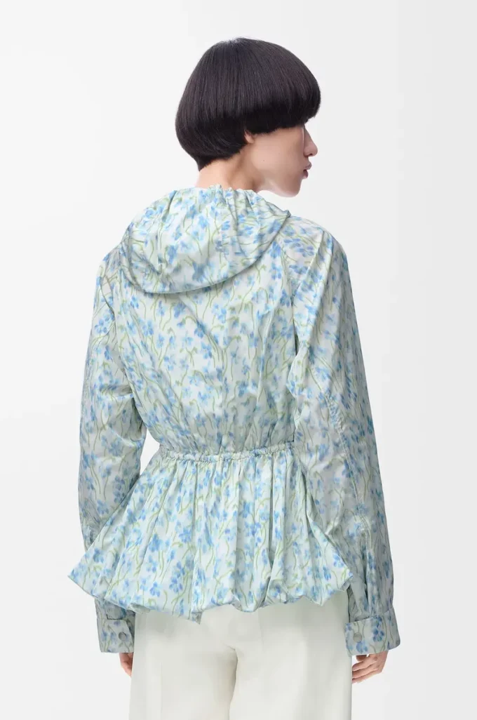 Veste à capuche en taffetas de soie mélangée Blanc/Bleu