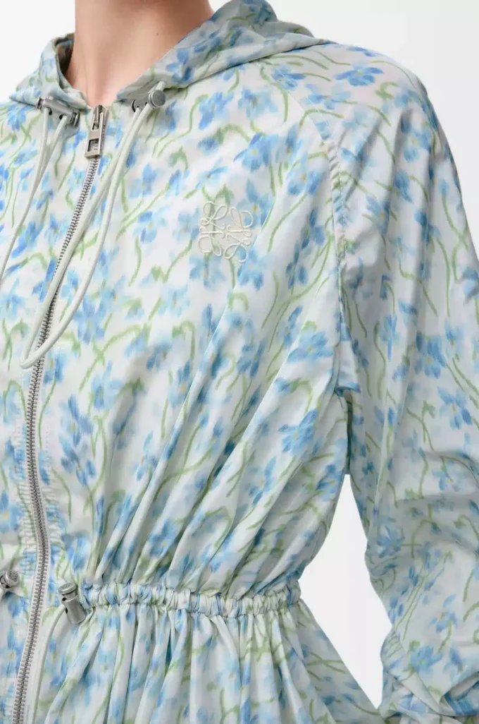 Veste à capuche en taffetas de soie mélangée Blanc/Bleu