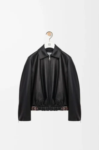 Veste ceinturée en cuir d&rsquo;agneau nappa noir