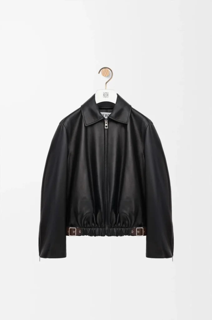 Veste ceinturée en cuir d&rsquo;agneau nappa noir