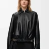 Veste ceinturée en cuir d&rsquo;agneau nappa noir