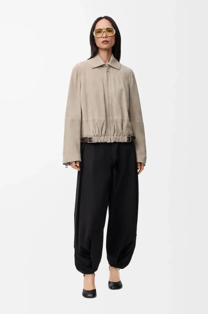 Veste ceinturée en cuir de chèvre suédé Beige foncé