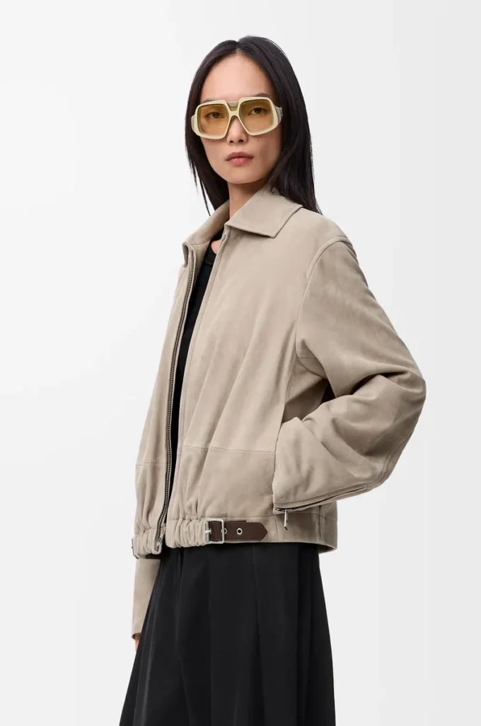 Veste ceinturée en cuir de chèvre suédé Beige foncé