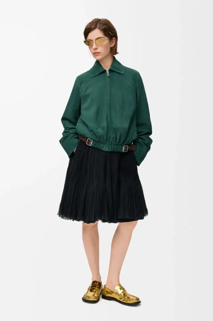 Veste ceinturée en cuir de chèvre suédé Vert