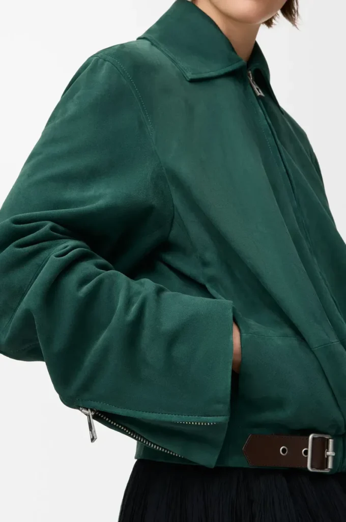 Veste ceinturée en cuir de chèvre suédé Vert