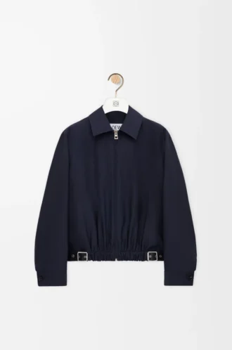 Veste ceinturée en laine et soie bleu marine
