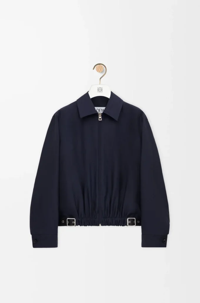 Veste ceinturée en laine et soie bleu marine