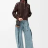 Veste courte en cuir d&rsquo;agneau nappa marron