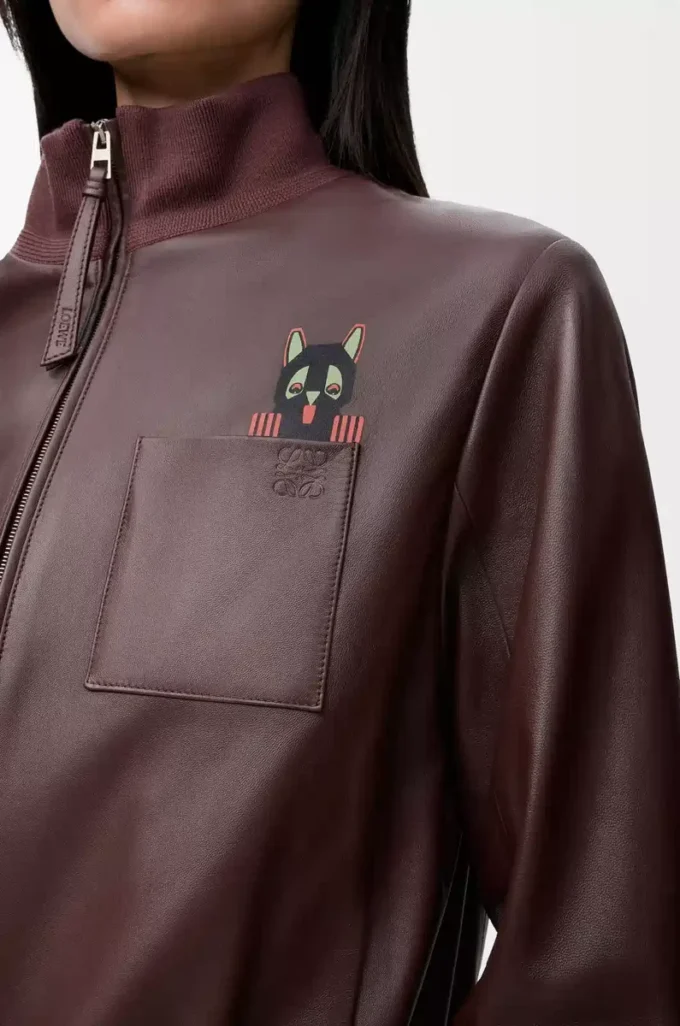 Veste courte en cuir d&rsquo;agneau nappa marron