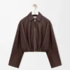 Veste drapée en cuir d&rsquo;agneau nappa marron chocolat