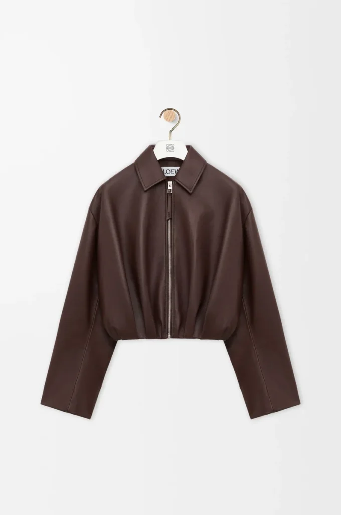 Veste drapée en cuir d&rsquo;agneau nappa marron chocolat