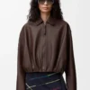 Veste drapée en cuir d&rsquo;agneau nappa marron chocolat
