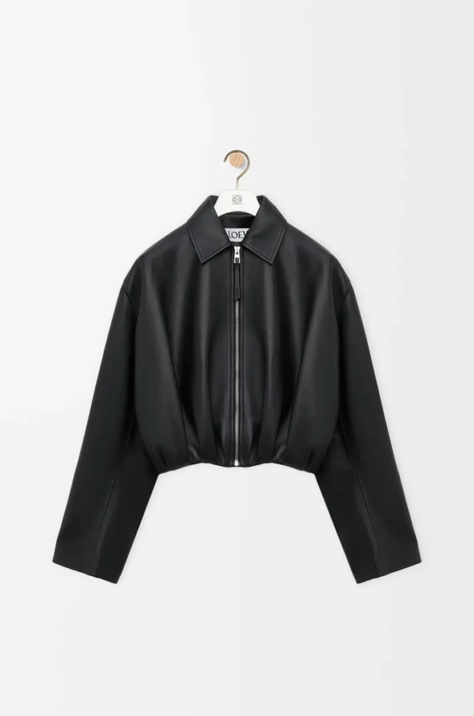 Veste drapée en cuir d&rsquo;agneau nappa Noir