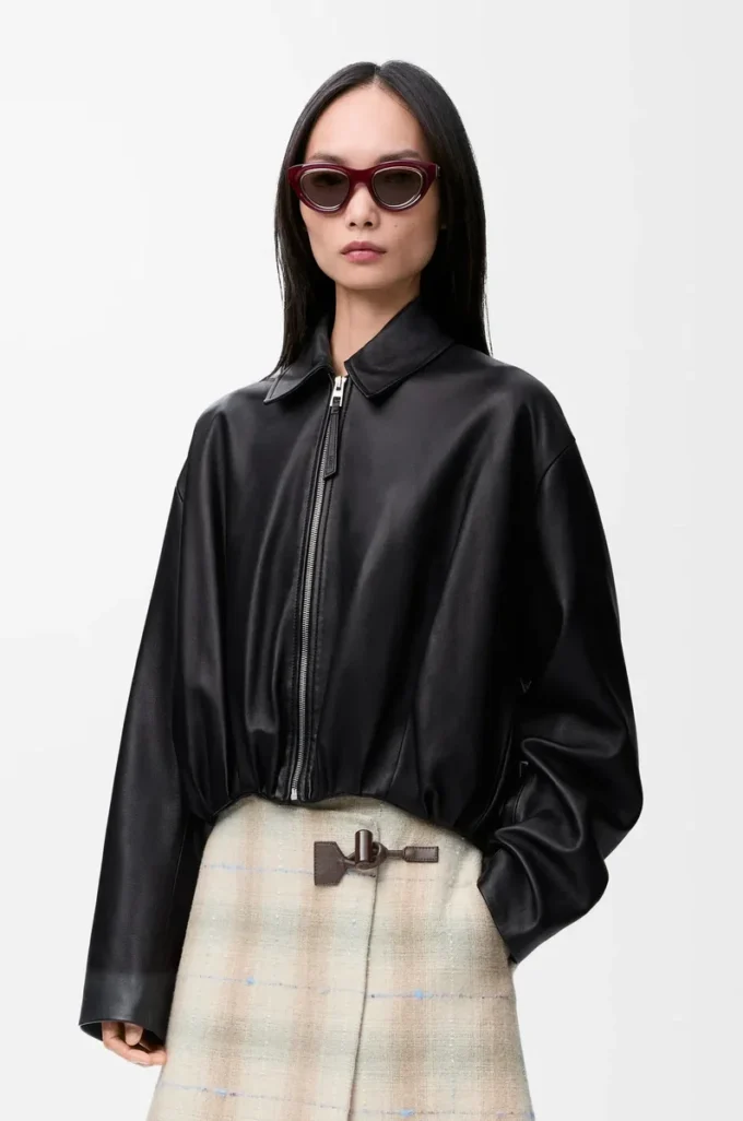 Veste drapée en cuir d&rsquo;agneau nappa Noir