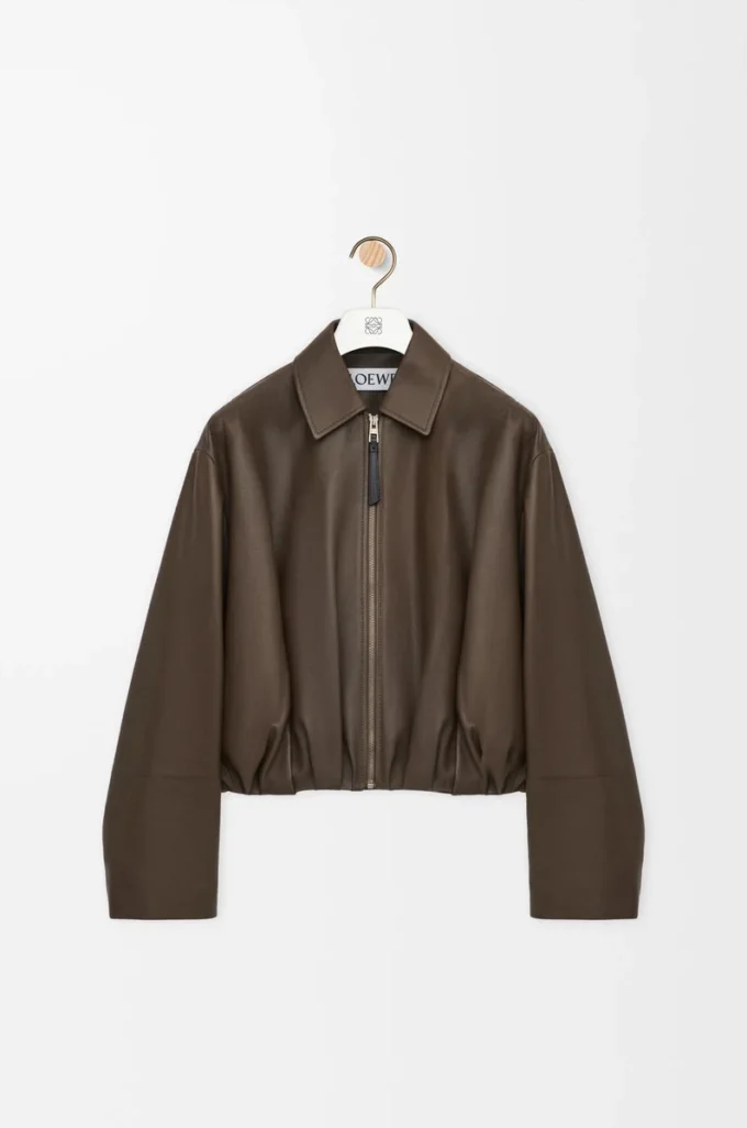 Veste drapée en cuir de veau nappa vert foncé