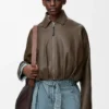 Veste drapée en cuir de veau nappa vert foncé