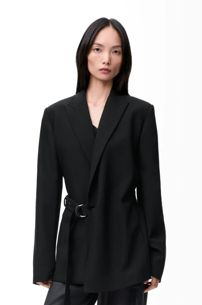 Veste drapée en laine noire
