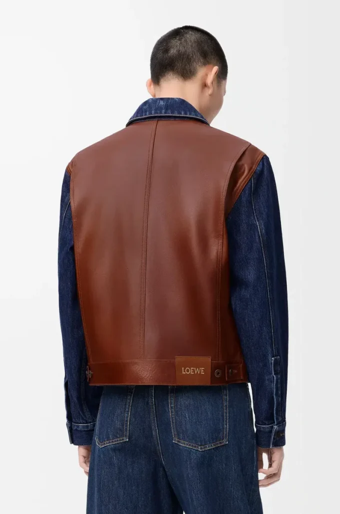 Veste hybride en denim et cuir de veau nappa Denim brut Veste hybride en denim et cuir de veau nappa Denim brut
