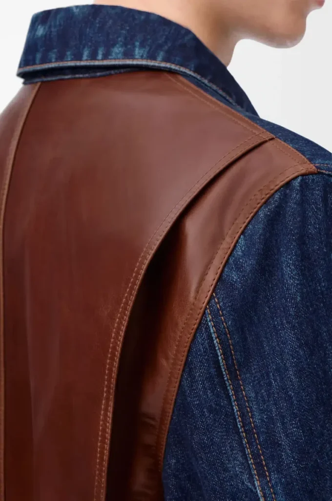 Veste hybride en denim et cuir de veau nappa Denim brut Veste hybride en denim et cuir de veau nappa Denim brut
