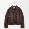 Veste motard ballon en cuir d’agneau nappa Marron foncé Veste motard ballon en cuir d’agneau nappa Marron foncé