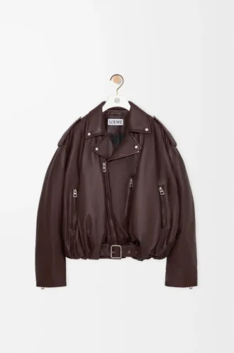Veste motard ballon en cuir d&rsquo;agneau nappa Marron foncé