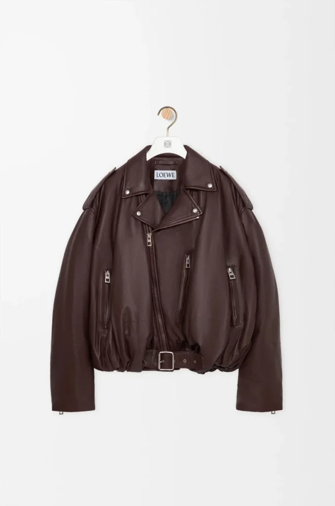 Veste motard ballon en cuir d’agneau nappa Marron foncé Veste motard ballon en cuir d’agneau nappa Marron foncé