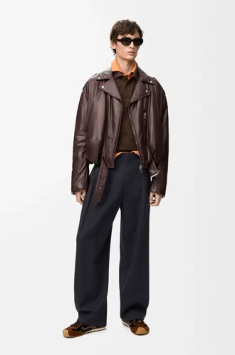 Veste motard ballon en cuir d&rsquo;agneau nappa Marron foncé