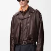 Veste motard ballon en cuir d’agneau nappa Marron foncé Veste motard ballon en cuir d’agneau nappa Marron foncé