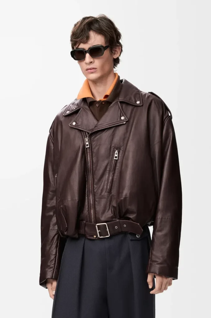 Veste motard ballon en cuir d’agneau nappa Marron foncé Veste motard ballon en cuir d’agneau nappa Marron foncé
