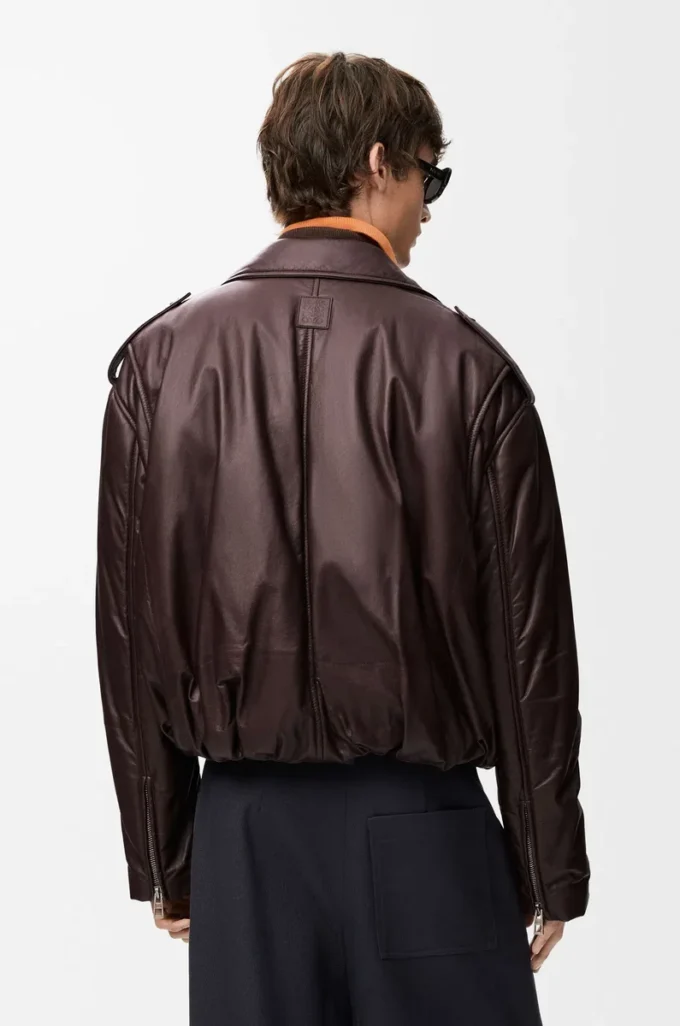 Veste motard ballon en cuir d’agneau nappa Marron foncé Veste motard ballon en cuir d’agneau nappa Marron foncé