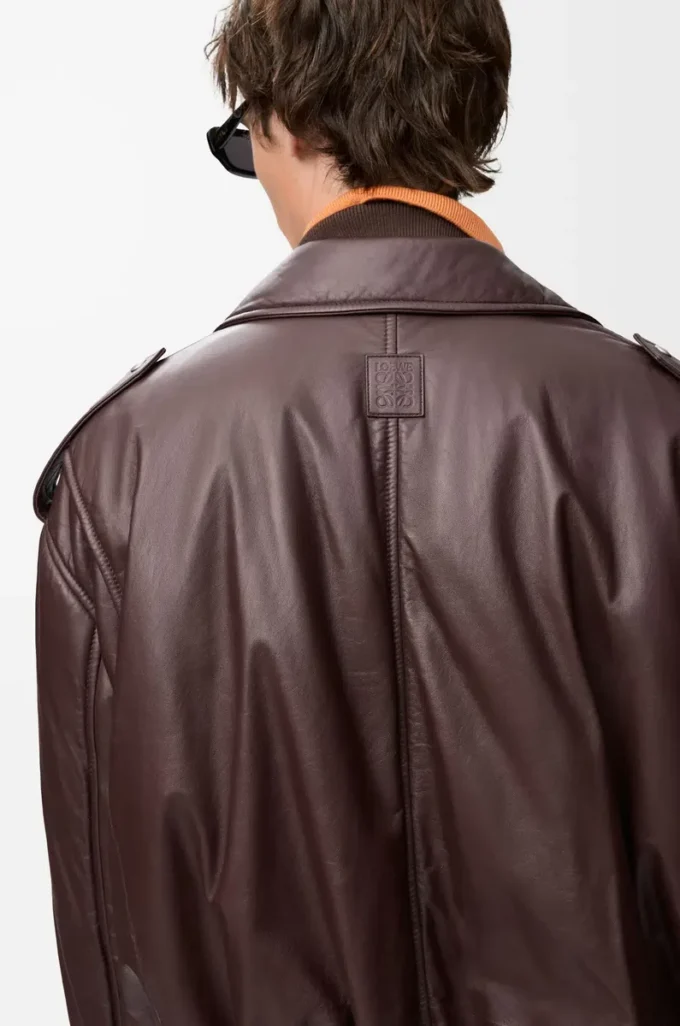 Veste motard ballon en cuir d’agneau nappa Marron foncé Veste motard ballon en cuir d’agneau nappa Marron foncé