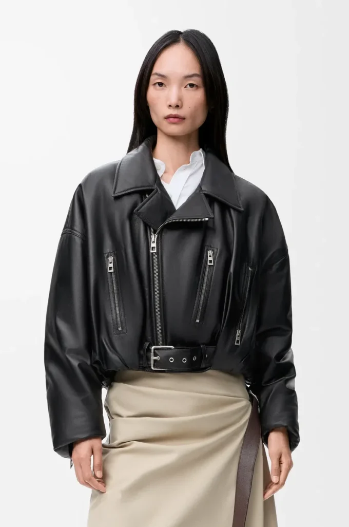 Veste motard en cuir d&rsquo;agneau nappa Noir