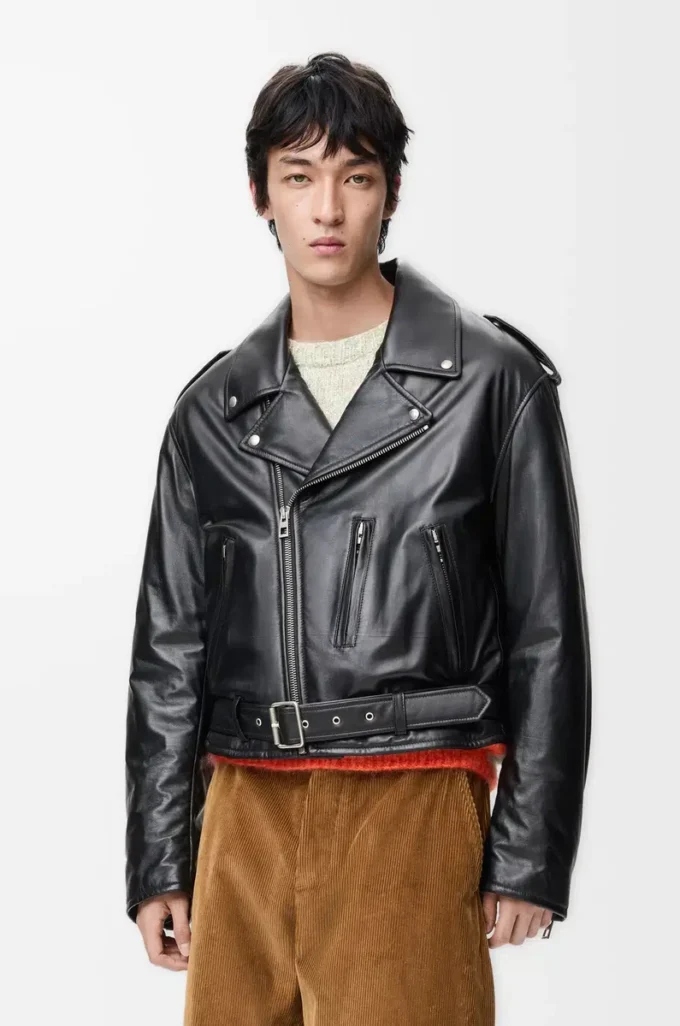 Veste motard en cuir d’agneau nappa Noir Veste motard en cuir d’agneau nappa Noir
